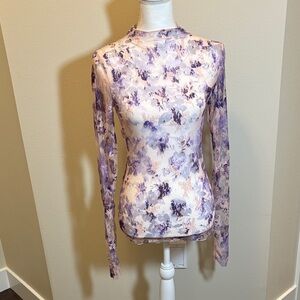 Free People Lavender & Cream Floral Mesh Long Sleeve Top